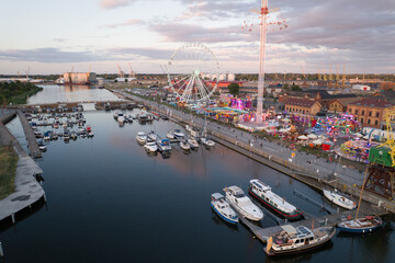 Marina and Ferris Wheel: Aerial View at Dusk. Szczecin Poland