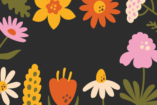 Retro Summer Floral Background Frame. Minimalist Summertime 3000x2000 Border with hand drawn Vintage Flowers on black. Modern design. Vector illustration