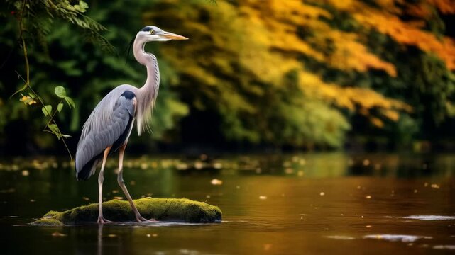 a heron stands in the river in autumn with copy space