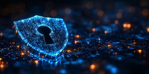 Cybersecurity and Digital Data Protection Concept Featuring a Central Glowing Shield with a Keyhole, Representing Secure Encryption, Online Privacy, and Advanced Cyber Defense Strategies