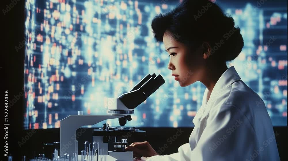 Aufkleber focused scientist analyzes samples under microscope in advanced biotechnology lab