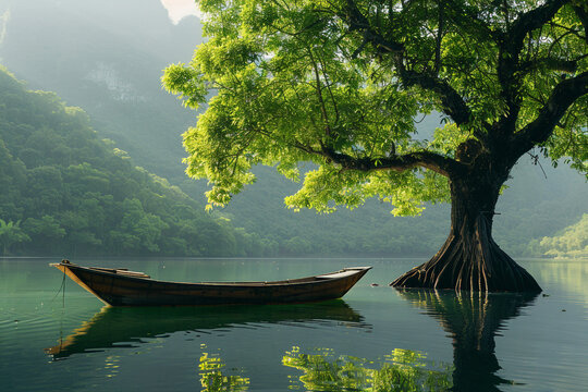 Fototapeta Beautiful landscape boat and growing tree in water generative AI concept