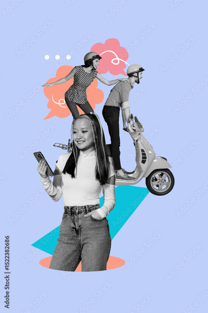 Aufkleber sketch art 3d creative collage of happy girl guy stand colorful cloud notification speech dialogue i