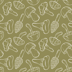 Seamless pattern of line art style mushroom on green background. Boletus, porcini, Chanterelle, Morel, Niscalo, Shiitake, Autumn Skullcap. Perfect for food delivery pakage, nature or botanical autumn