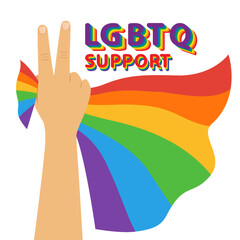 Hand showing victory hand sign Pride Lgbt rainbow flag, lgbtq support groups. Celebrates LGBT pride month. Illustration, Poster, Vector , Background or wallpaper. Illustration Vector Cartoon.