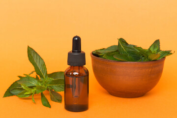 Natural Mint Essential Oil in a Glass Bottle. organic cosmetics with herbal extracts of mint on...