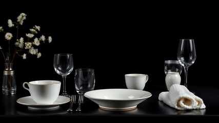 Fototapeta premium Black Background Tableware, Detailed, High-Quality, Food Photography