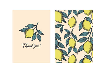 Bright thank you card set with hand drawn lemons and teal leaves on a pink background. Cheerful, fresh, and perfect for summer greetings or stationery. Vector illustration