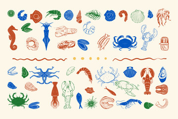 A hand-drawn ink illustration collection featuring a variety of fresh seafood, ideal for restaurant menus, culinary guides, packaging design, and gourmet branding.