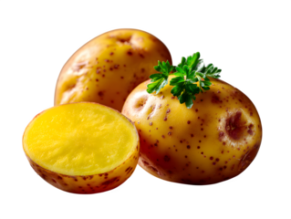 Whole potato next to one circular cut slice, isolated on transparent background --ar 4:3 --v 7.0 --p 537mr6h --s 250