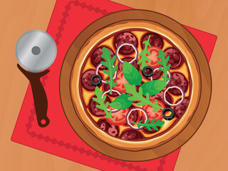 Salami pizza on a wooden platter top view vector illustration. Pepperoni pizza and cutter on a wooden table above view vector. Pizza with salami, olives, tomatoes and arugula on the table drawing