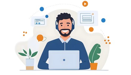 Smiling customer service representative working on a laptop.