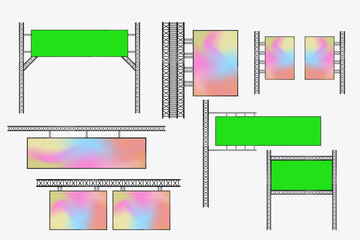 Collection of Hanging LED Screens Mockup cross the street for long realistic screen light box. Set of Illuminated technology long screens cross the road for advertising lightbox