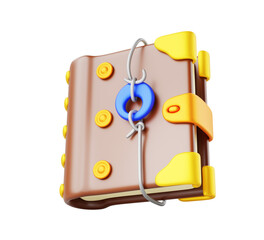 Magic spell book 3d render icon. Fantasy alchemy grimoires, closed wizard or witch diary. Mystery book with leather cover and gold lock. Witchcraft game antique volume, cartoon design
