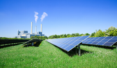 Energy production in a conventional dirty power plant compared to modern ecological alternative...