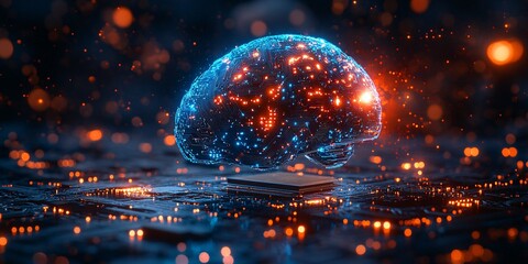 Artificial Intelligence and High-Tech Brain Concept Featuring a Glowing Digital Brain Over a Microchip, Representing Advanced Computing, AI Integration, and Futuristic Technology