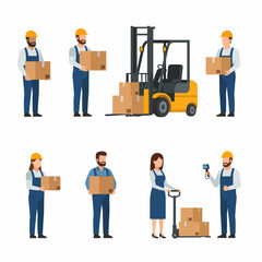 Warehouse workers forklift and package delivery concept