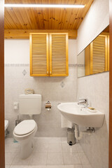 Renovated modern bathroom interior in an old, typically Italian building with a wooden ceiling.