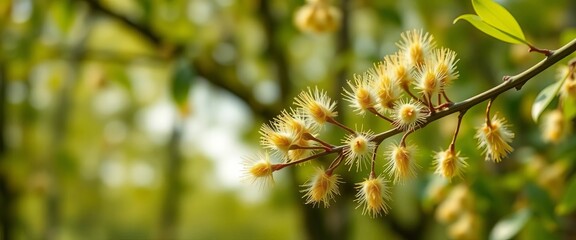 Delicate, fuzzy willow catkins burst forth on a branch, springtime forest background,  spring flowers,  green