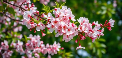 Delicate pink and white cherry blossoms on branches, lush green spring foliage,  white,  plant