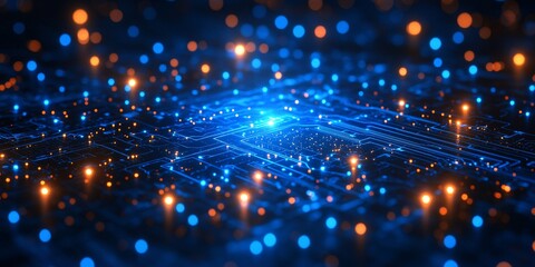 Advanced Digital Circuitry and Technology Concept Featuring a Close-Up of a Futuristic Circuit Board with Glowing Blue and Orange Lights, Representing Data Flow, Innovation, and High-Tech Connectivity
