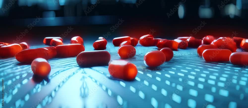 Poster dynamic movement of abstract red shapes over digital circuitry