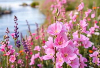 Obraz premium Delicate pink sweet pea blossoms, vibrant summer wildflowers along a riverbank, soft floral background, wildflower meadow, background