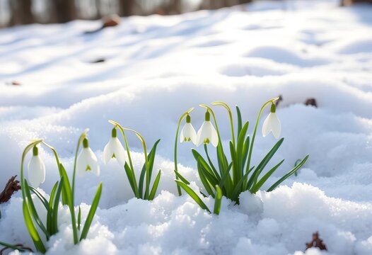 Delicate snowdrops emerge from melting snow, bathed in sunlight First spring blooms,  beautiful,  cold