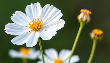 Obraz premium Delicate white Cosmos bipinnatus flower, vibrant yellow pollen, slender green stem, isolated , isolated, flower photography