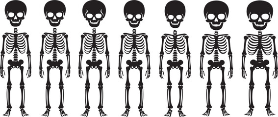 Seven Childrens Skeletons in a Row Halloween Illustration