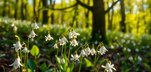 Obraz premium Delicate white Leucojum vernum blossoms bathed in sunlight, Carpathian forest spring morning, woodland, carpathians