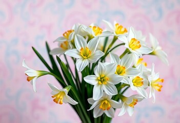 Delicate white narcissus bouquet, vibrant pastel backdrop, ample copy space,  delicate,  elegant