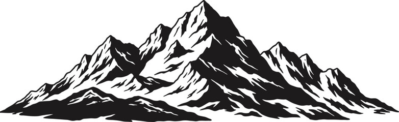 Black and white mountain range illustration depicting rugged peaks and challenging summits