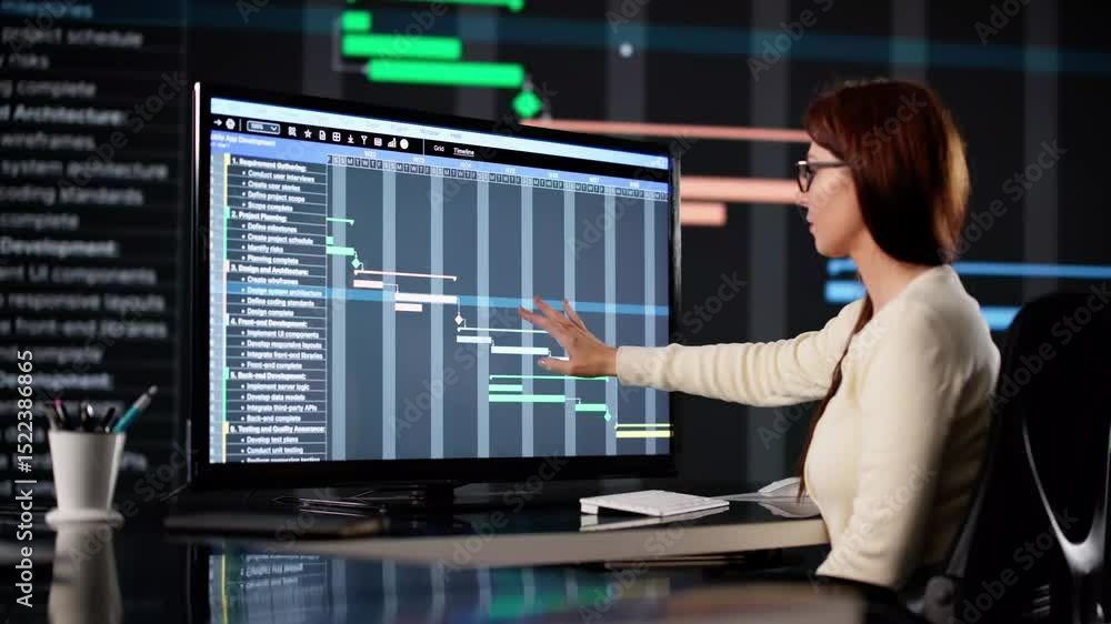 Poster woman manages software project using computer