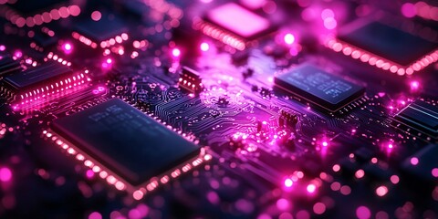 Futuristic Circuit Board and Technology Innovation Concept Featuring Glowing Pink and Purple Electronic Components, Representing Advanced Computing, Semiconductor Design, and Digital Infrastructure