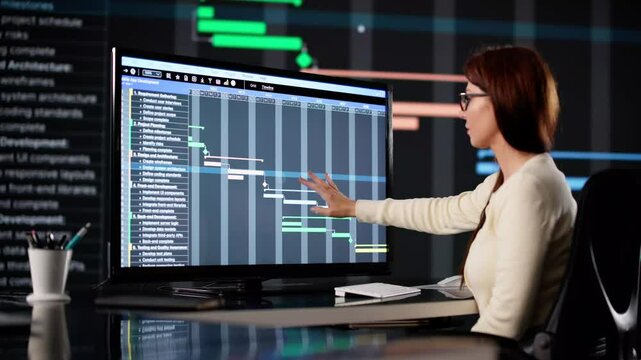 Woman Manages Software Project Using Computer