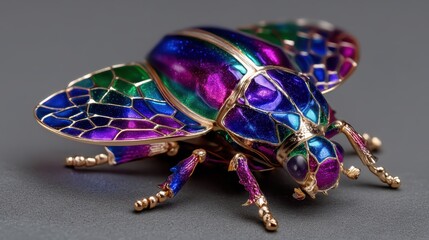 Fototapeta premium Shiny beetle jewel with vibrant wings on grey background, great for fashion accessories, fantasy creatures, or jewelry design concepts