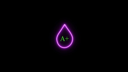 Neon blood group icon. Eight blood group drops appear on the screen, symbolizing the details of the blood group.