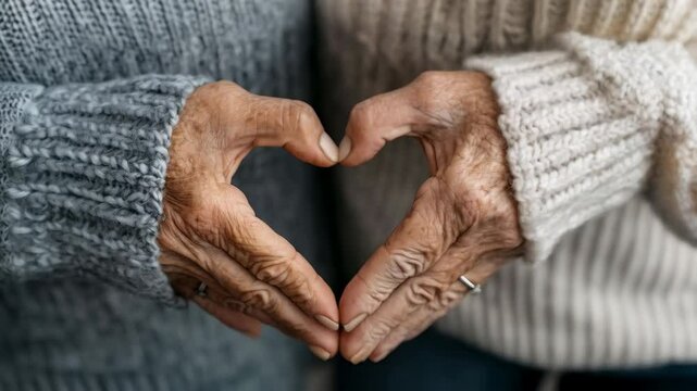 close up of senior couple hands making heart shape