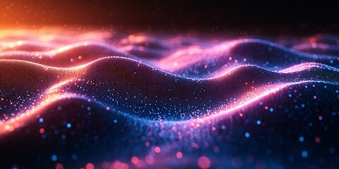 Futuristic Digital Waves and Abstract Technology Concept Featuring Vibrant Illuminated Patterns, Representing Innovation, AI, and Advanced Computational Design