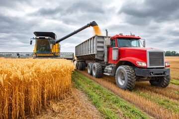 Obraz premium Combine harvester unloading wheat grain into truck at harvest time