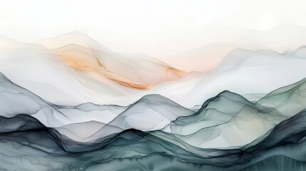 Obraz premium Ethereal alcohol ink painting of flowing chiffon resembling soft gray and white mountain shapes in muted tones