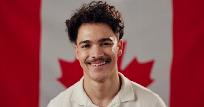 Face, symbol and man with flag for Canada, laugh and happiness for national celebration and citizen. Government, politics and person with pride for voice, smile and event for Labour Day of country