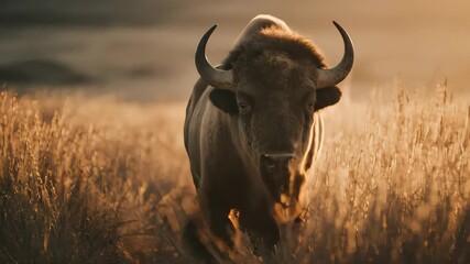 Majestic bison runs through golden grassy plains at sunset creating a striking wildlife scene - Powered by Adobe