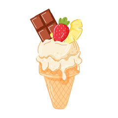 Cartoon style illustration of vanilla ice cream cone topped with chocolate bar, strawberry and pineapple slice. Perfect for dessert menu, summer packaging and tropical sweet food design project.