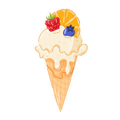 Vanilla ice cream cone with juicy slice of orange fruit, blueberry and raspberry on top and creamy texture dripping down the waffle cone in cartoon for summer food package and menu cafe design.