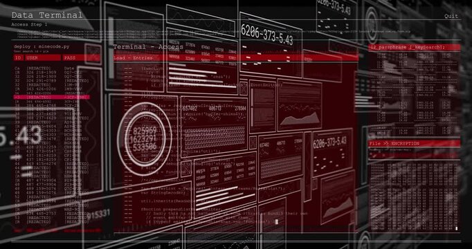 Scan bar sweeping across wireframe panels initiating ID updates and gauge cycling showing data flow