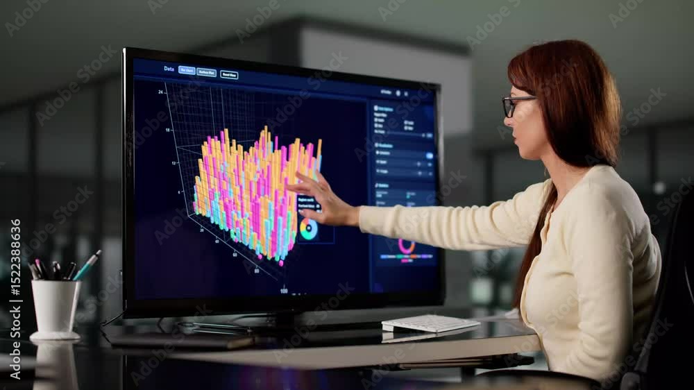 Poster researcher woman using 3d chart visualization software