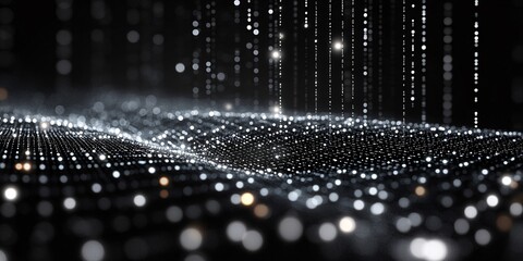 Futuristic Data Visualization and Digital Landscape Concept Featuring Glowing Grid Waves, Representing AI Processing, Big Data, and Advanced Computational Design