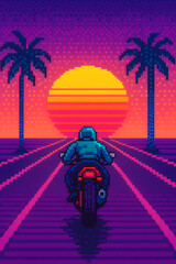 Obraz premium Retro 80s Arcade Motorcycle Rider in Pixel Style – Vintage Phone Wallpaper